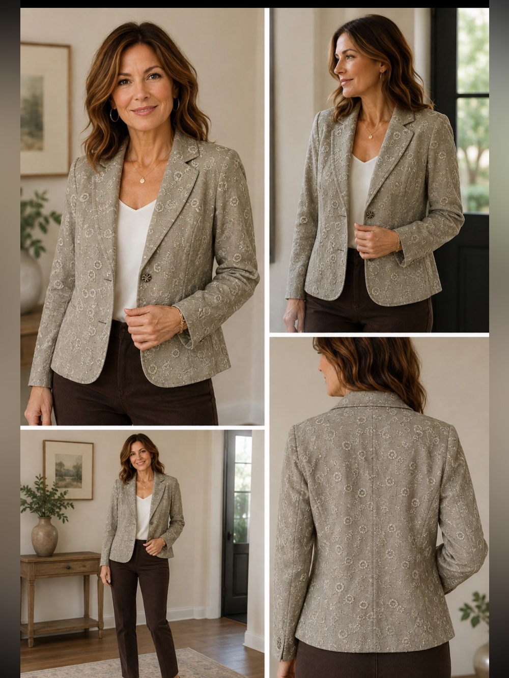 Coldwater Creek Linen Blend Floral Blazer Size M Embroidered Metallic Cottagecor